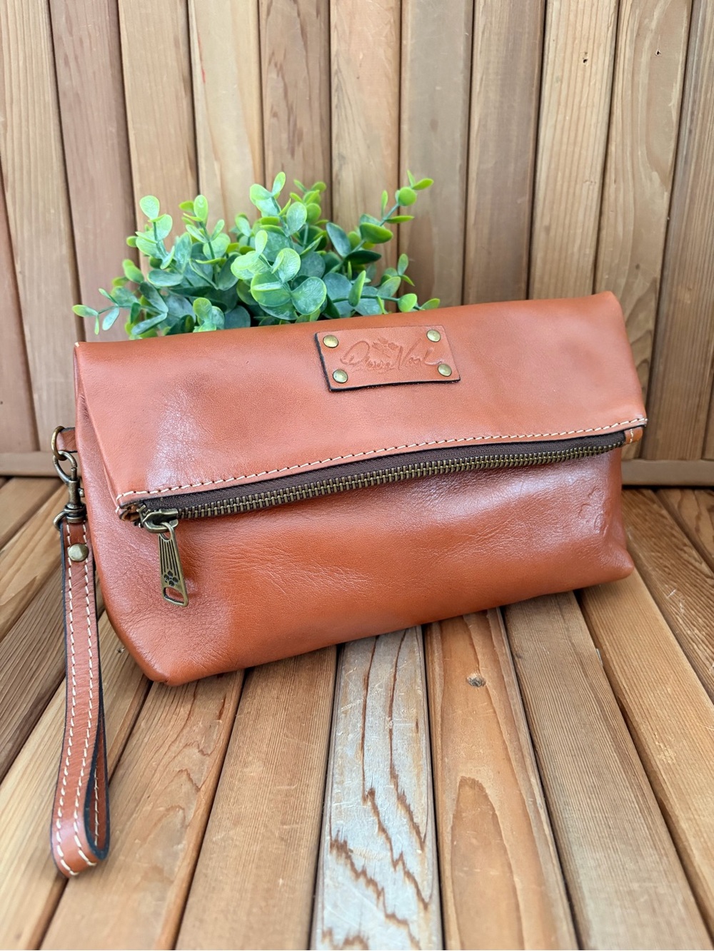 Patricia Nash Leather Foldover Clutch Wristlet in Cognac Brown